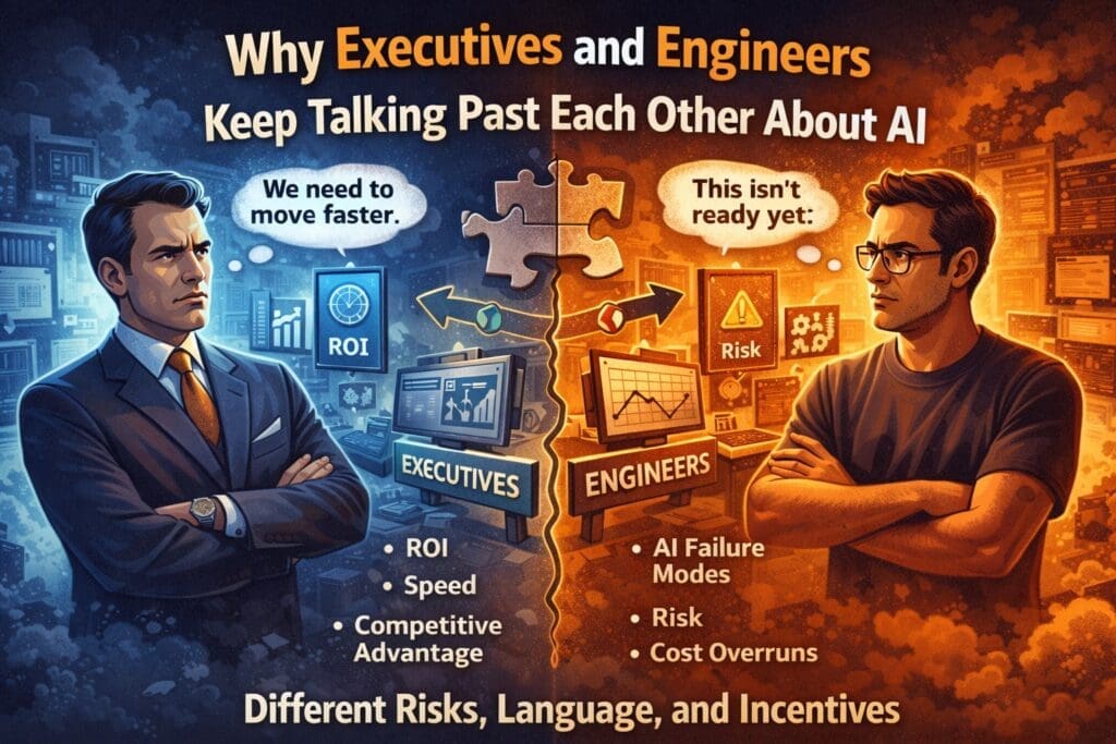 Illustration showing an executive and an engineer facing opposite directions, highlighting misaligned priorities and communication gaps around AI.