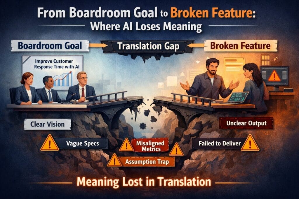 ChatGPT Image Feb 12 2026 044226 PM AI n Dot Net Illustration showing the enterprise AI strategy execution gap, with a boardroom goal separated from a broken feature by a translation gap