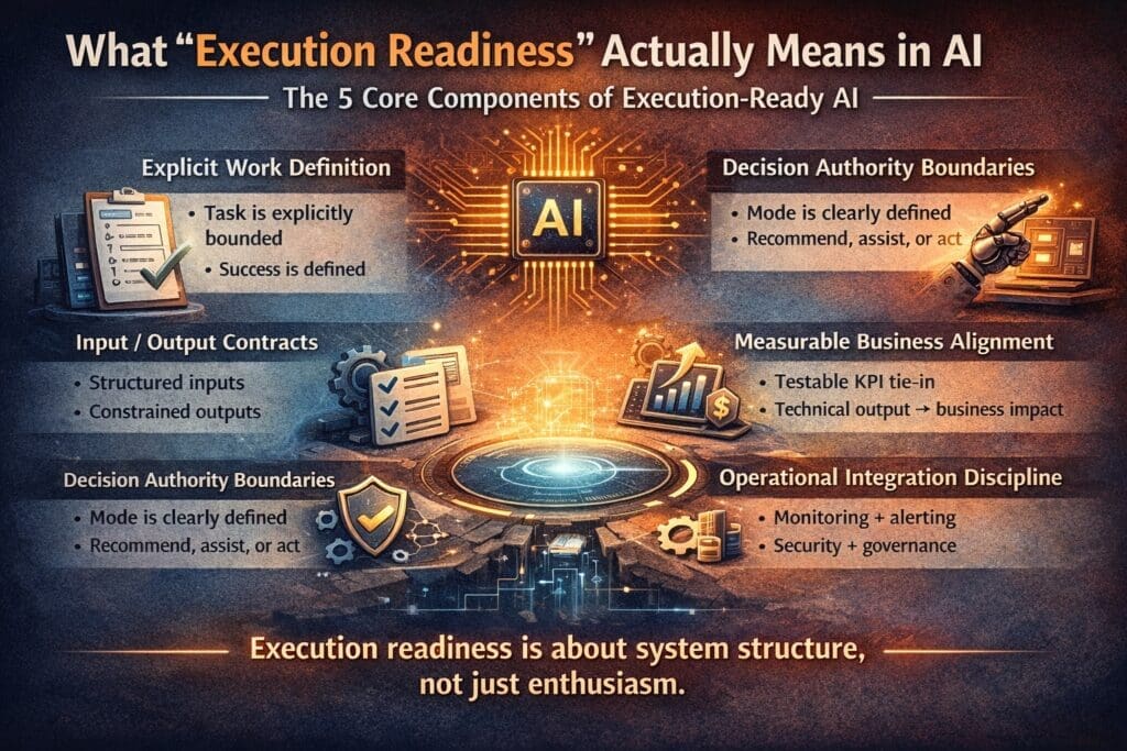 ChatGPT Image Feb 12 2026 050855 PM AI n Dot Net Infographic showing the five components of AI execution readiness in enterprise systems, including work definition, contracts, decision authority, business alignment, and operational integration
