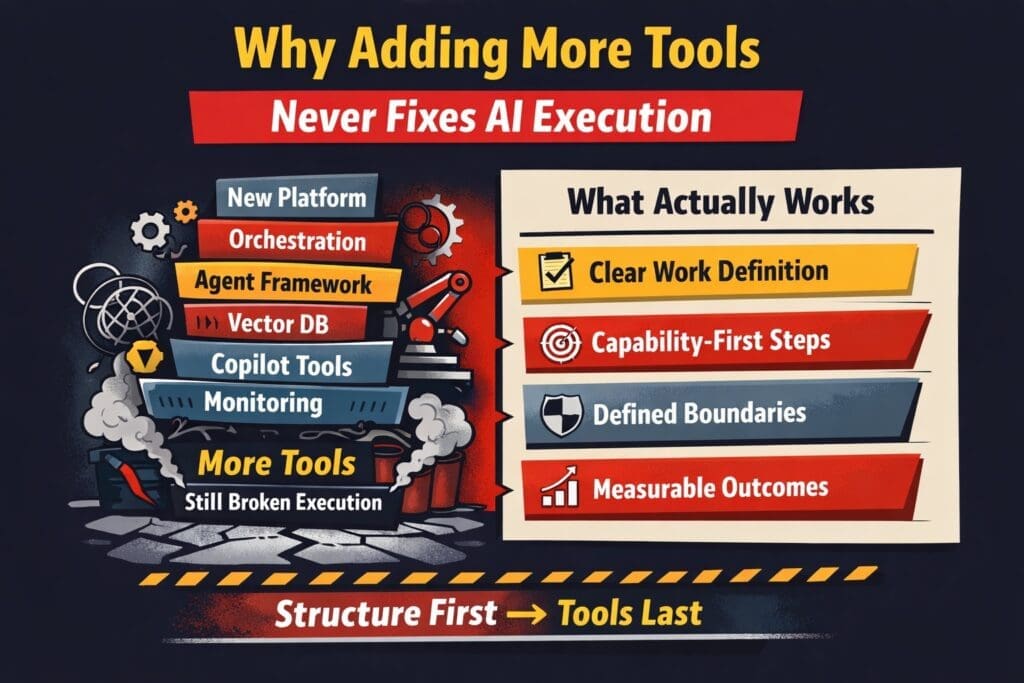 ChatGPT Image Feb 16 2026 061500 PM AI n Dot Net Infographic showing tool sprawl versus structured AI execution, emphasizing clear work definition, capability-first design, defined boundaries, and measurable outcomes.