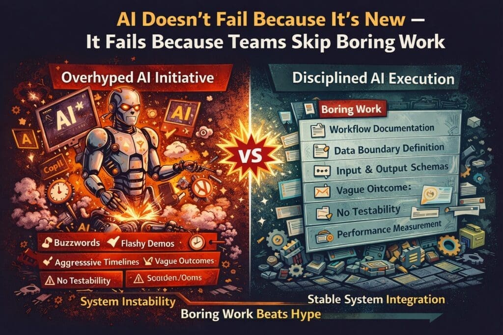 ChatGPT Image Feb 18 2026 114748 AM AI n Dot Net Comparison of overhyped AI initiative versus disciplined AI execution with structured workflows and governance