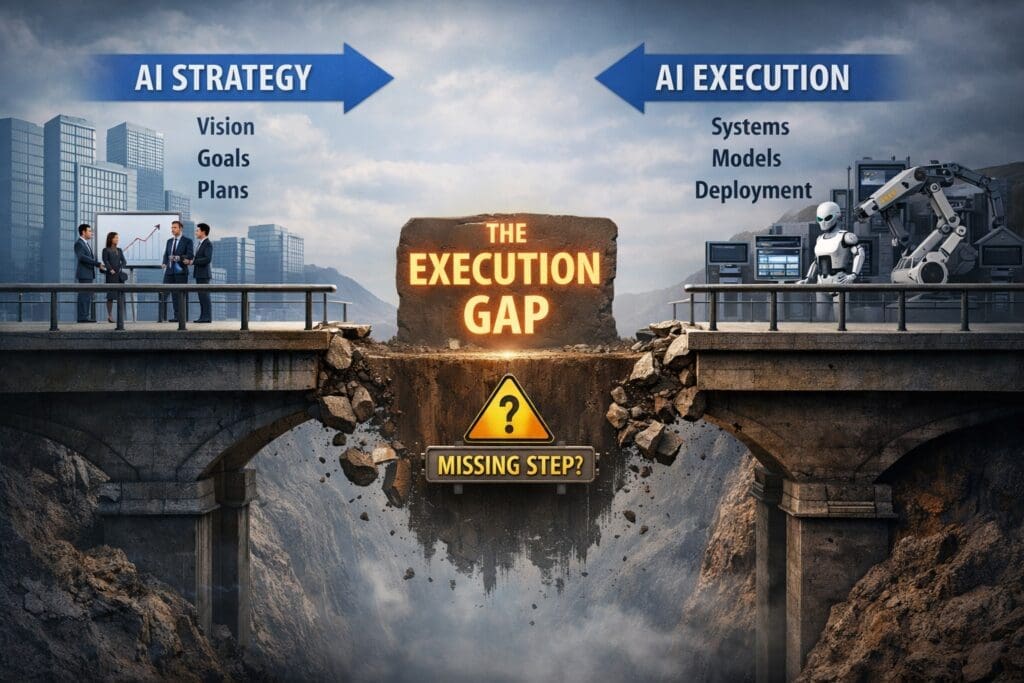 Visual representation of enterprise AI strategy separated from AI execution by a broken bridge, highlighting the execution gap that causes many AI initiatives to fail.