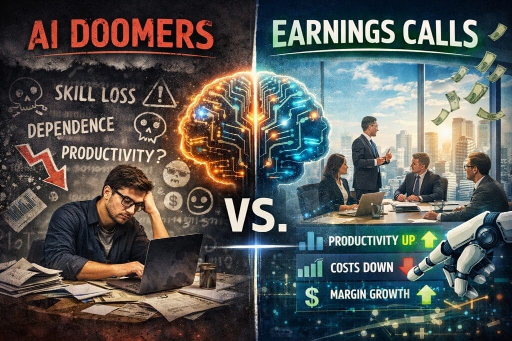 Illustration comparing AI skepticism with real-world enterprise AI adoption, showing AI doomers on one side and earnings call productivity gains, cost reductions, and margin growth on the other.