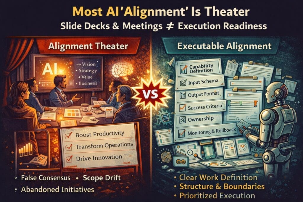 Comparison of AI alignment theater versus executable AI alignment with defined capabilities and structure