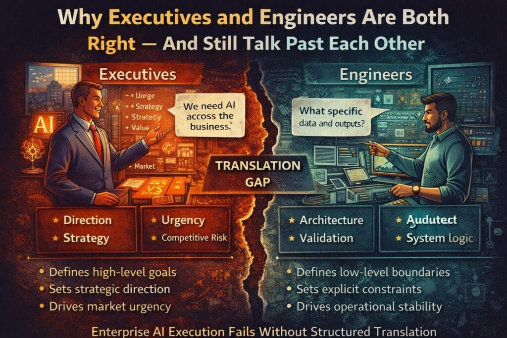 ChatGPT Image Feb 26 2026 021601 PM AI n Dot Net Infographic showing executive strategy versus engineering structure with translation gap in enterprise AI