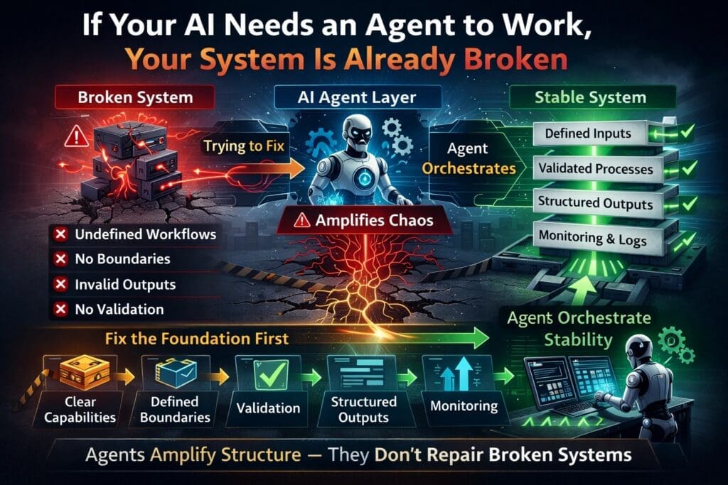 Infographic showing broken AI system amplified by agent layer versus stable system with defined capabilities