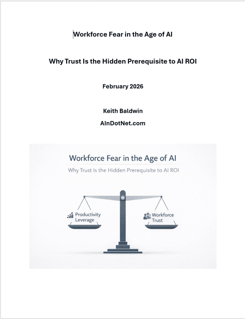 CoverScreenshot 20260225 085455 AI n Dot Net Balanced scale illustrating AI productivity leverage and workforce trust in enterprise AI adoption.