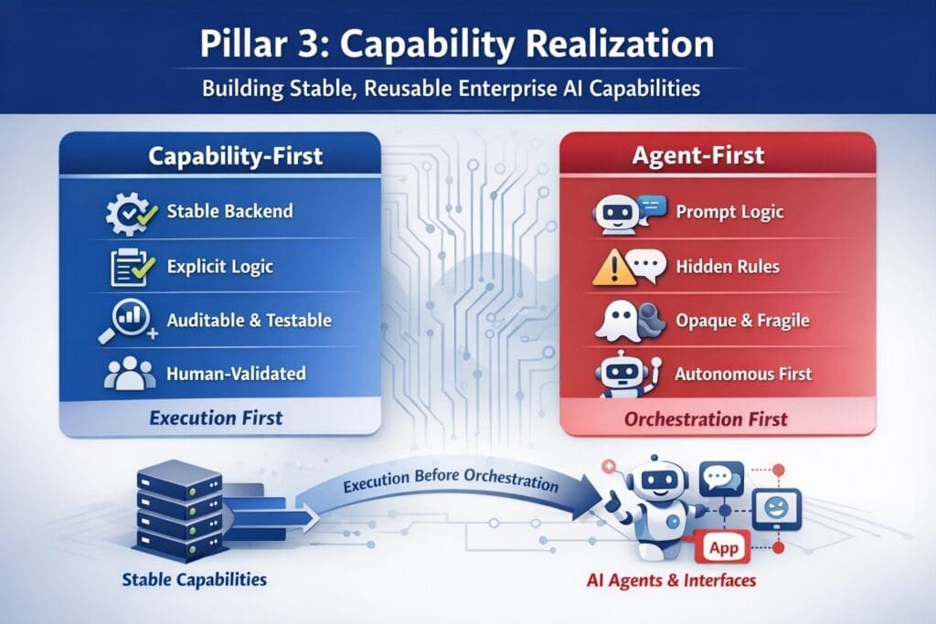 Illustration for Pillar 3 Capability Realization comparing capability-first enterprise AI with agent-first design, showing stable backend capabilities, explicit logic, auditability, and execution before orchestration.