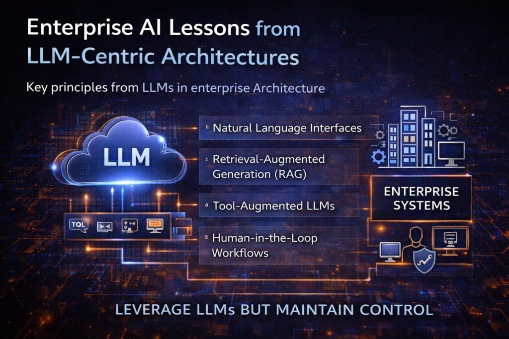 enterprise AI architecture using LLM-centric systems with RAG, tool integration, and human oversight