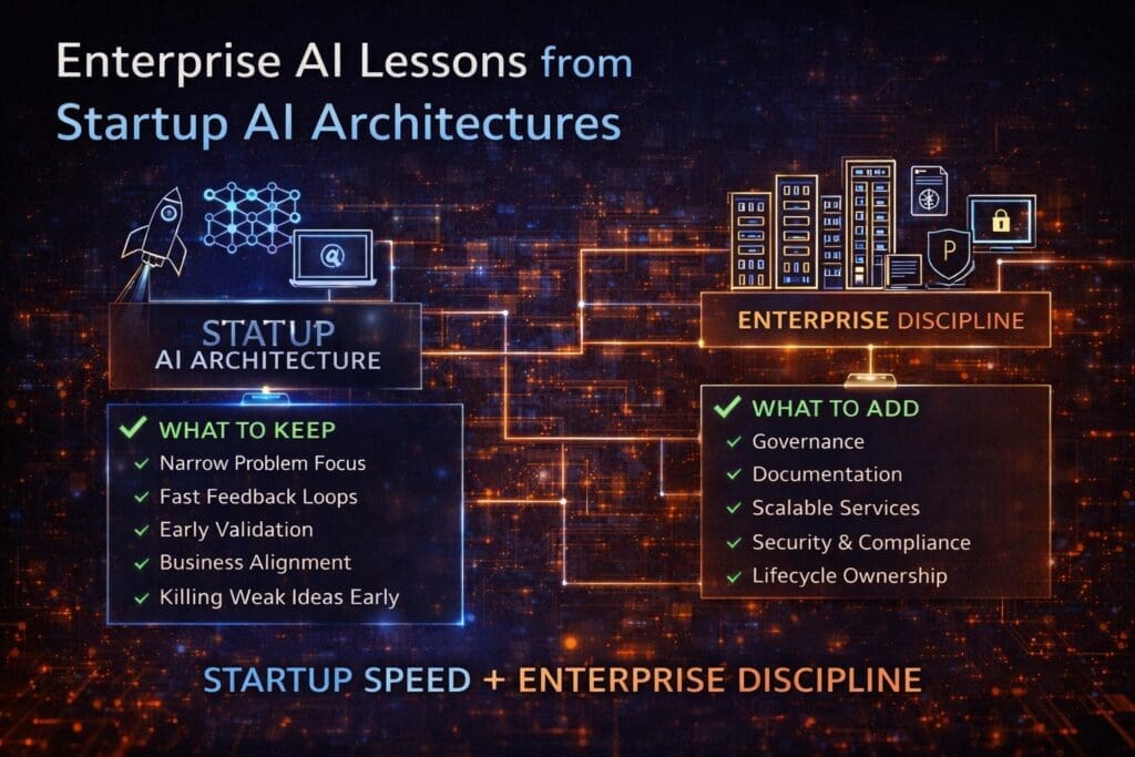 startup AI architecture compared with enterprise AI systems showing speed versus discipline and governance