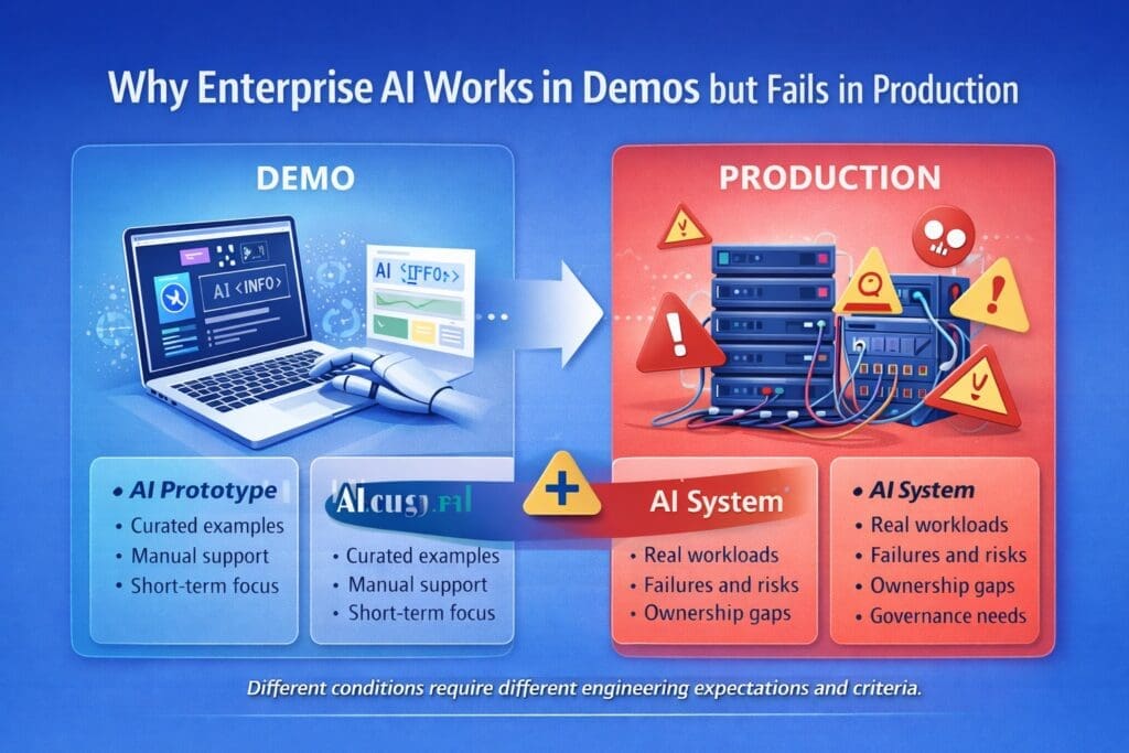 Infographic titled “Why Enterprise AI Works in Demos but Fails in Production” comparing a controlled AI demo environment with a production environment that includes real workloads, failures, ownership gaps, and governance needs.