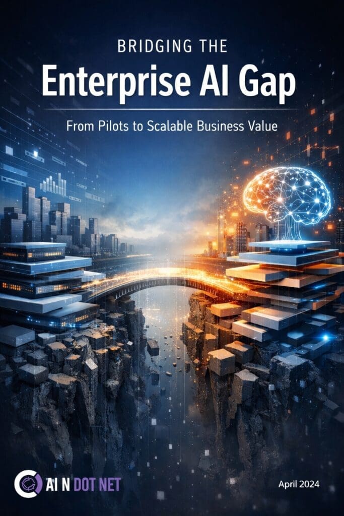 Cover image for the AInDotNet whitepaper Why Enterprise AI Still Fails to Scale, illustrating the gap between AI pilots and scalable enterprise value.