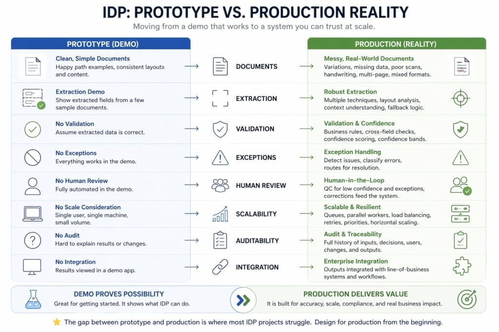 IDP prototype vs production comparison chart showing how demo systems use clean documents and minimal validation, while production systems must handle messy real-world documents, validation, exceptions, human review, scalability, auditability, and enterprise integration.