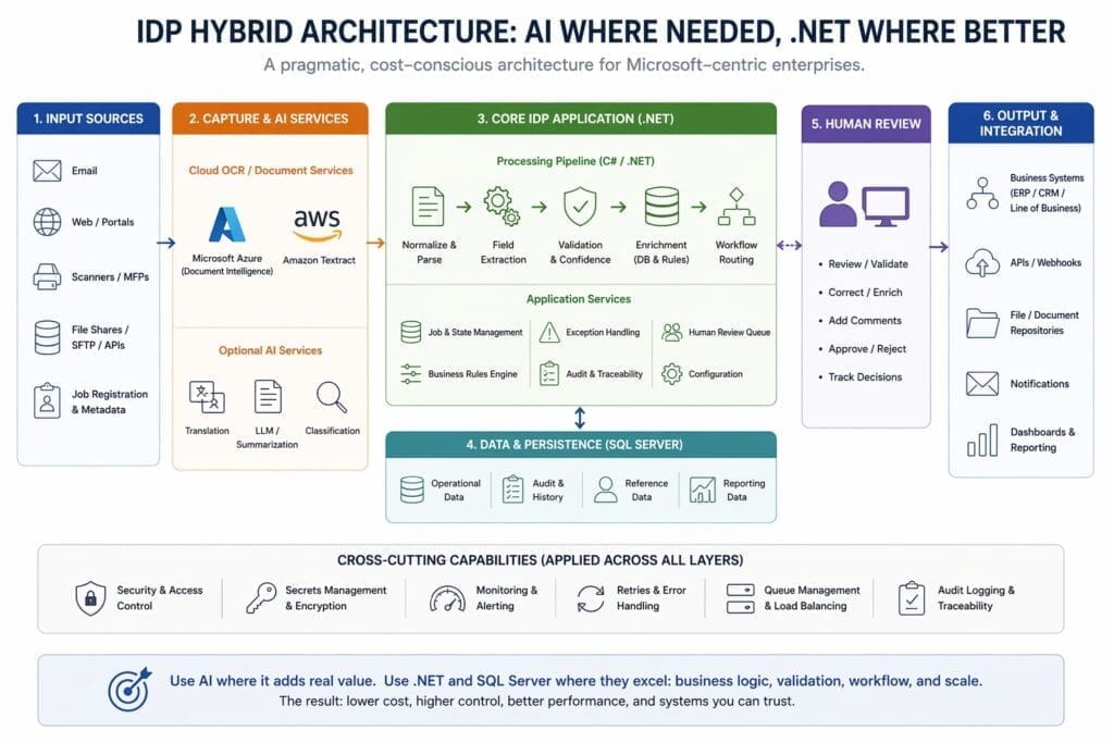 Hybrid IDP architecture diagram showing input sources feeding Azure or AWS OCR services, a core .NET IDP application for parsing, validation, enrichment, workflow routing, and job management, SQL Server for operational and audit data, human review workflows, and output integration with business systems, APIs, repositories, notifications, and reporting.