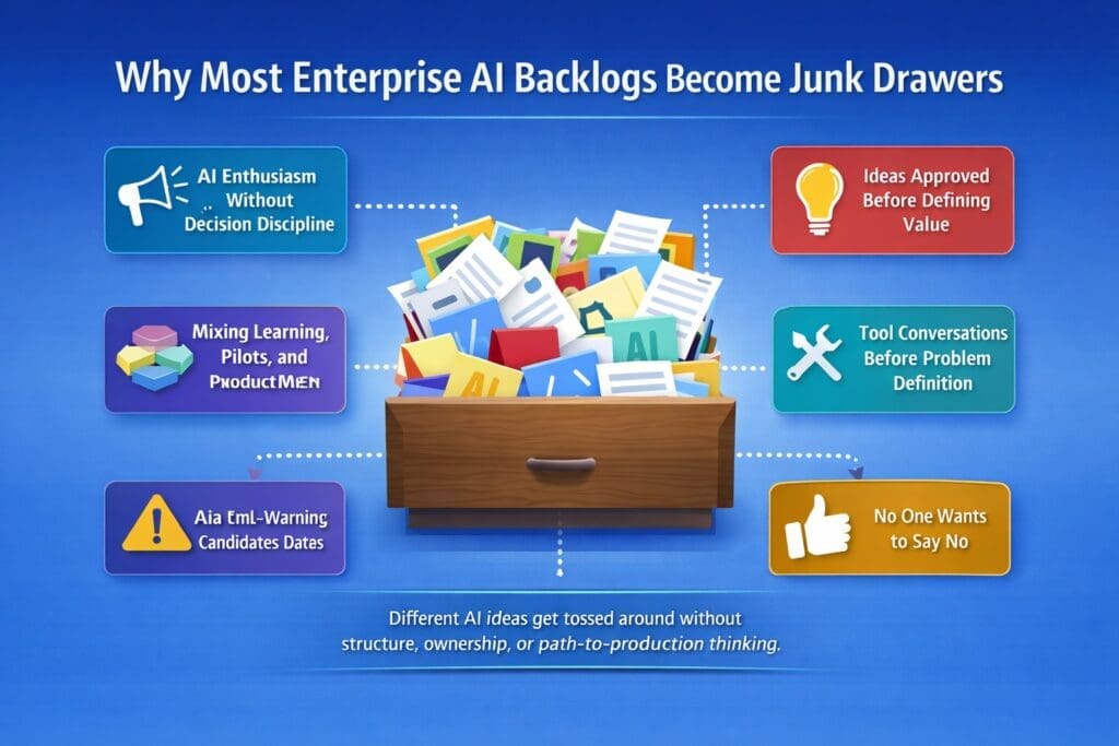 Infographic titled “Why Most Enterprise AI Backlogs Become Junk Drawers” showing an overflowing junk drawer of AI ideas surrounded by common causes such as weak decision discipline, unclear value, premature tool discussions, mixed project types, and lack of prioritization.
