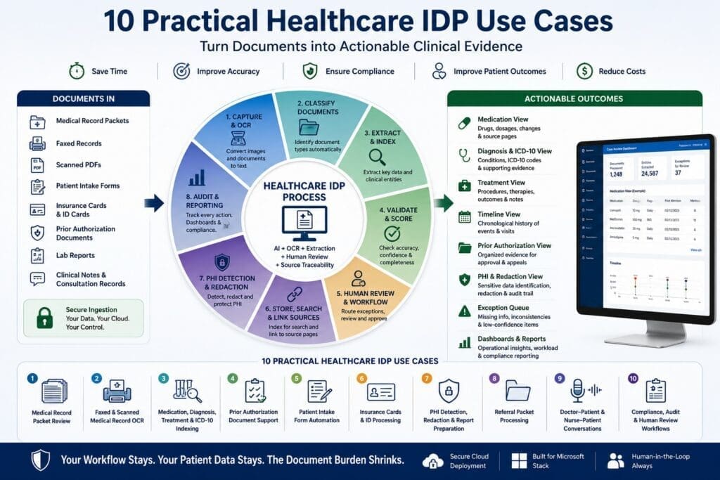 BlogArticleChatGPT Image May 17 2026 104221 AM AI n Dot Net Infographic showing the 10 practical healthcare IDP use cases and the flow from documents to actionable outcomes.