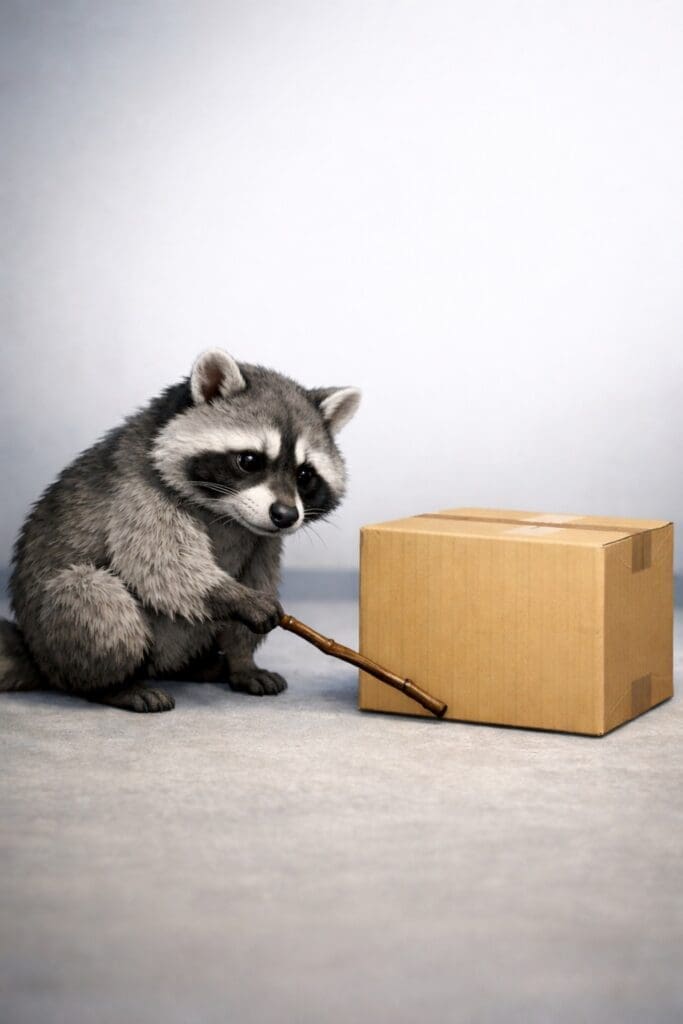 Plush raccoon toy poking a cardboard box with a small wooden stick on a gray floor
