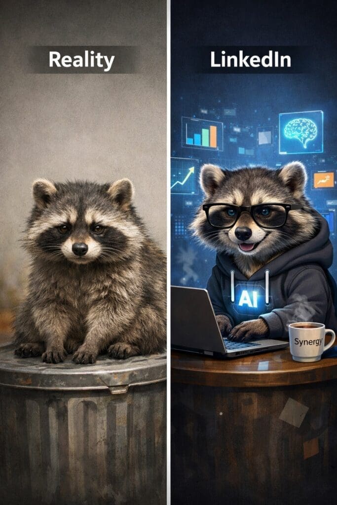 Split image showing a raccoon on a trash can labeled Reality on the left, and a techy raccoon with glasses and a laptop labeled LinkedIn on the right.