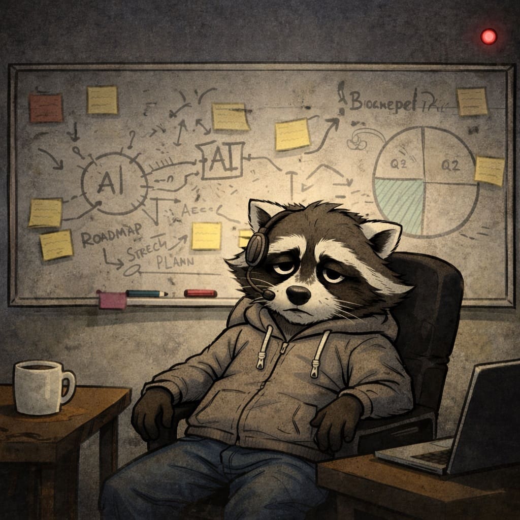 Raccoon in hoodie with headset seated at a desk, AI diagrams on a whiteboard in the background, laptop nearby, coffee mug on the table.