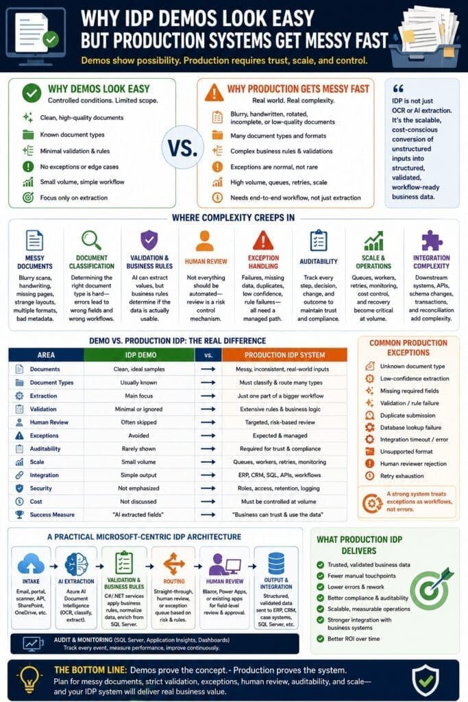 Infographic explaining why Intelligent Document Processing demos look easy but production IDP systems become complex, comparing clean demo conditions with real-world challenges such as messy documents, classification errors, validation rules, human review, exception handling, auditability, scaling, integrations, security, cost control, and Microsoft-centric architecture.