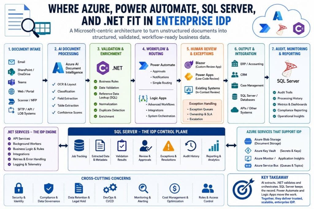 Infographic showing where Azure, Power Automate, SQL Server, and .NET fit in enterprise Intelligent Document Processing, with document intake, Azure AI Document Intelligence extraction, .NET validation and enrichment, Power Automate and Logic Apps workflow routing, human review, exception handling, downstream integration, SQL Server audit trails, monitoring, and reporting.