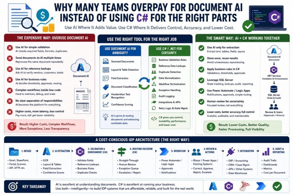 Infographic explaining why many teams overpay for Document AI instead of using C# for the right parts of Intelligent Document Processing, showing when to use AI for document extraction and ambiguity, when to use C#/.NET for validation, business rules, duplicate detection, exception handling, integrations, audit logging, and how a cost-conscious Microsoft IDP architecture reduces cost and improves control.