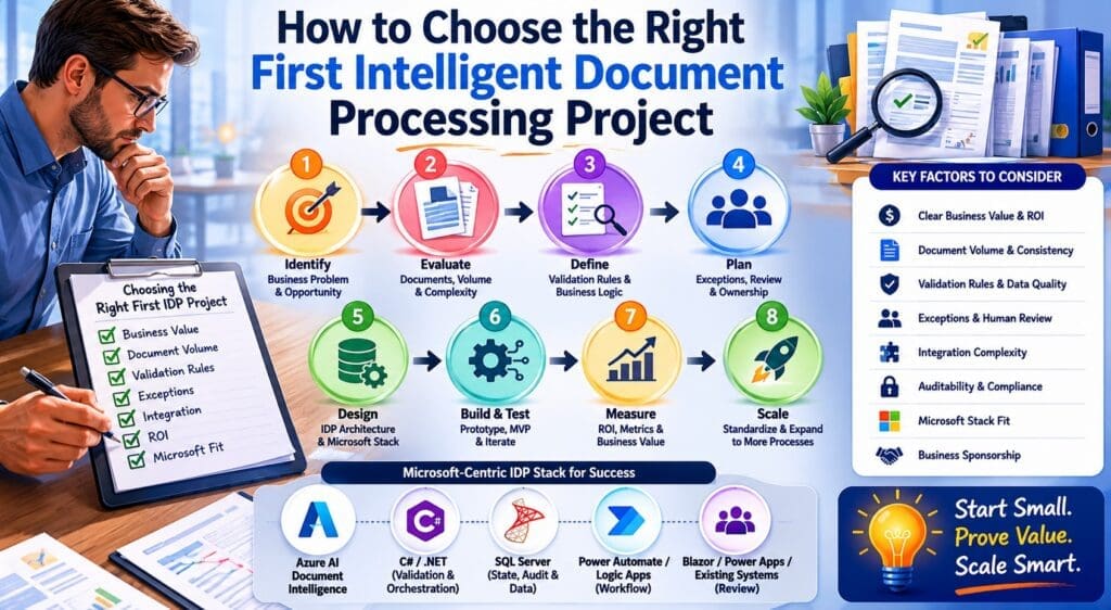 Infographic showing how to choose the right first Intelligent Document Processing project, with an eight-step selection process covering business value, document volume, validation rules, exception handling, human review, architecture design, prototype testing, ROI measurement, and scaling across more document workflows.