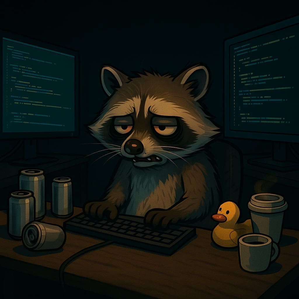 Tired raccoon typing at a cluttered desk with two monitors, cans, a coffee cup, and a rubber duck in a dimly lit office environment.