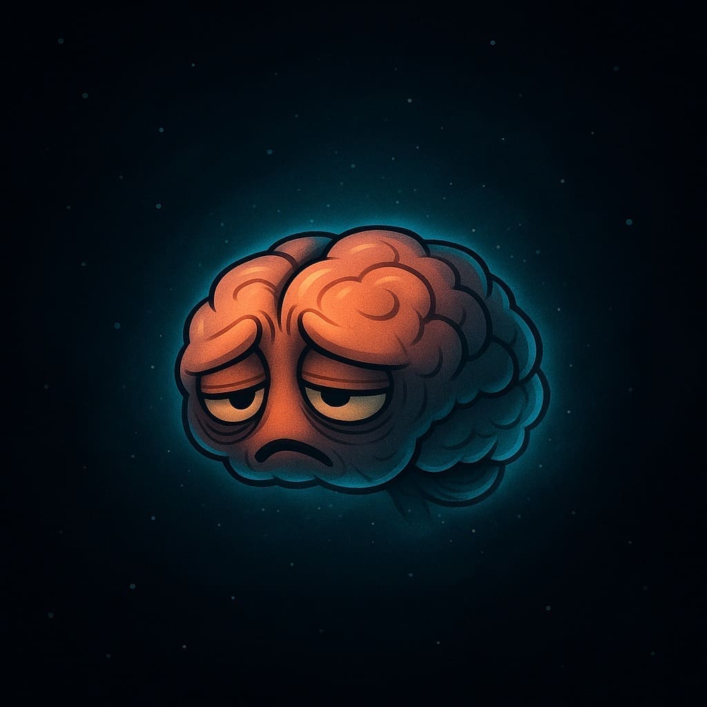Cartoon brain with a downturned expression floating in a dark, starry space background