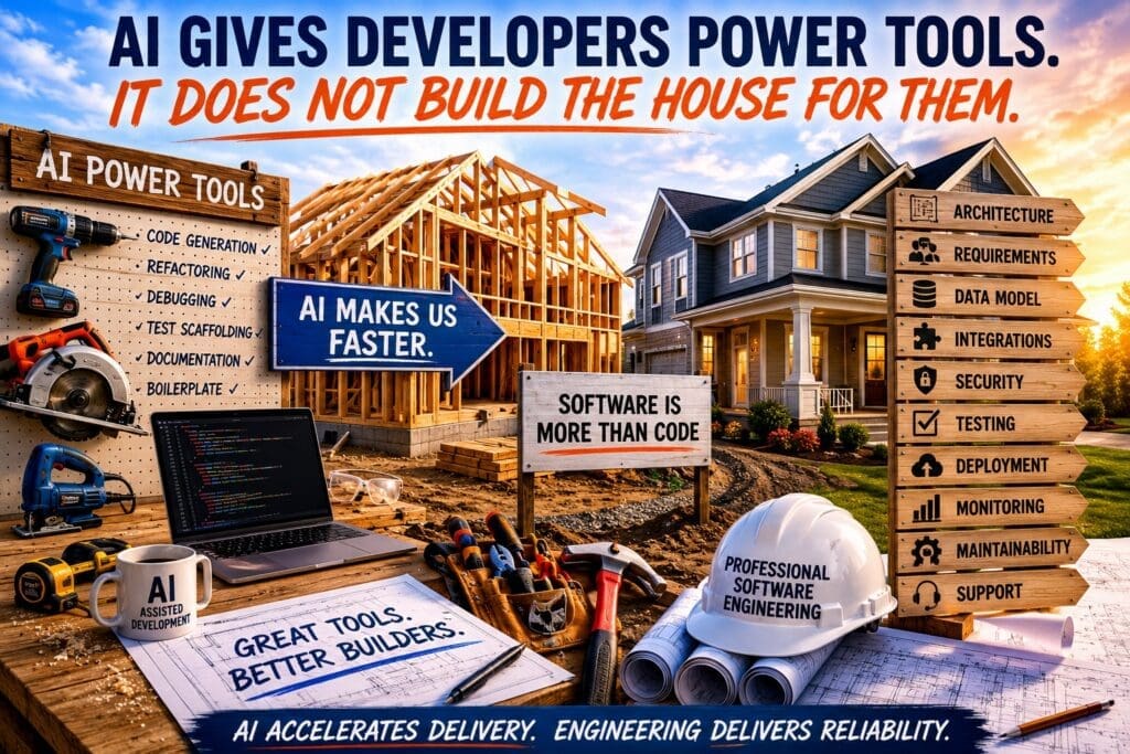 Editorial infographic showing AI-assisted software development as power tools beside a laptop with code, contrasted with a house under construction. The image explains that AI can help developers generate code, refactor, debug, write tests, and explain code, but production software still requires architecture, requirements, data modeling, business logic, integrations, security, testing, deployment, monitoring, and maintenance. The main message reads: “AI gives developers power tools. It does not build the house for them.”