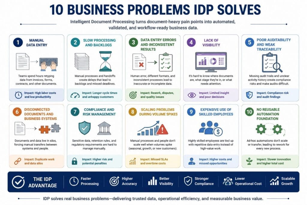 Infographic titled “10 Business Problems IDP Solves” showing how Intelligent Document Processing reduces manual data entry, processing backlogs, data errors, poor visibility, weak auditability, disconnected systems, compliance risk, volume-scaling problems, misuse of skilled employees, and fragmented automation.